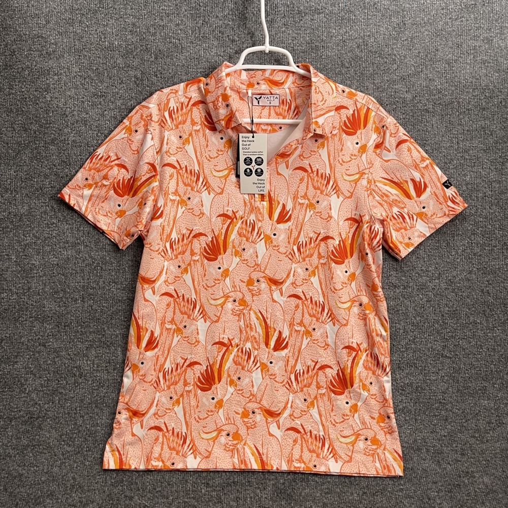 Yatta Golf Polo Shirt Mens Sz S Orange Cockatoo Parrot Performance Button Up